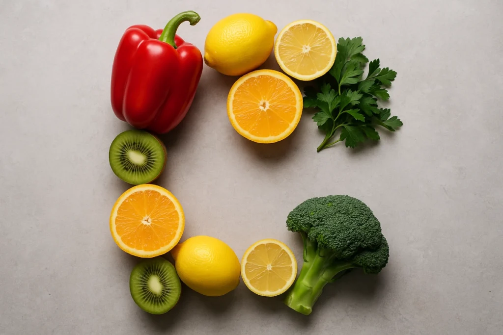 Ce este vitamina C? Surse de vitamina C. Alimente bogate în vitamina C: ardei gras, lămâie, portocală, kiwi, broccoli, pătrunjel proaspăt.
