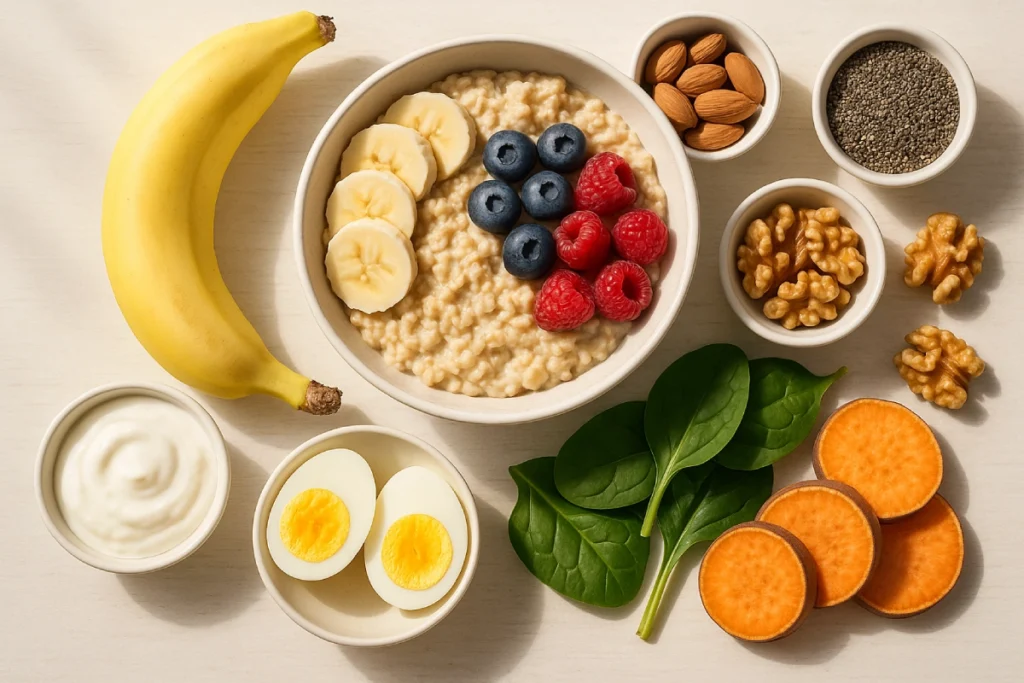 Top 10 ingrediente care îți dau energie toată ziua: banane, cereale integrale, ouă, cartof dulce, nuci, iaurt