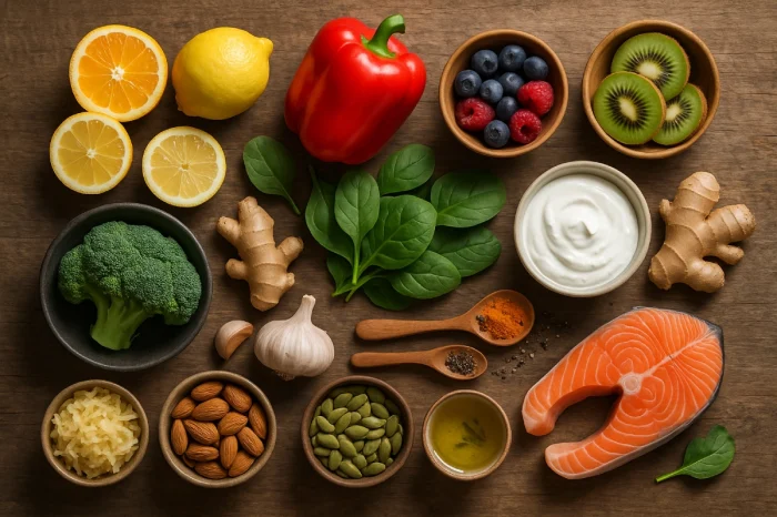 15 alimente care cresc imunitatea: portocale, lămâi, ardei gras, kiwi, afine, căpșuni, broccoli, spanac, usturoi, ghimbir, turmeric, iaurt, varză murată, migdale, nuci, semințe de dovleac, pește gras, ceai verde
