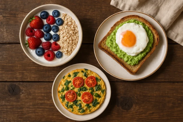 Toast cu avoacado și ou, iaurt cu cereale și fructe, omletă cu ceapă verde și roșii