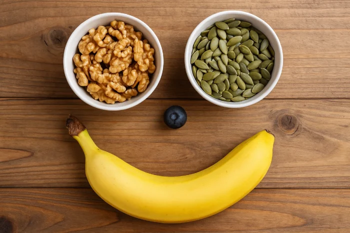 Top 10 alimente care te fac mai fericit: pește gras, ciocolată neagră, afine, coacăze, mure, banane, iaurt, nuci, semințe, ouă , cereale integrale, linte, năut, fasole.