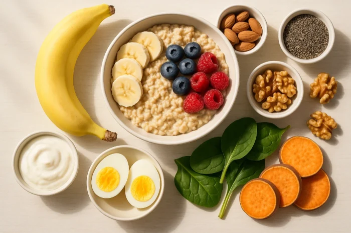 Top 10 ingrediente care îți dau energie toată ziua: banane, cereale integrale, ouă, cartof dulce, nuci, iaurt